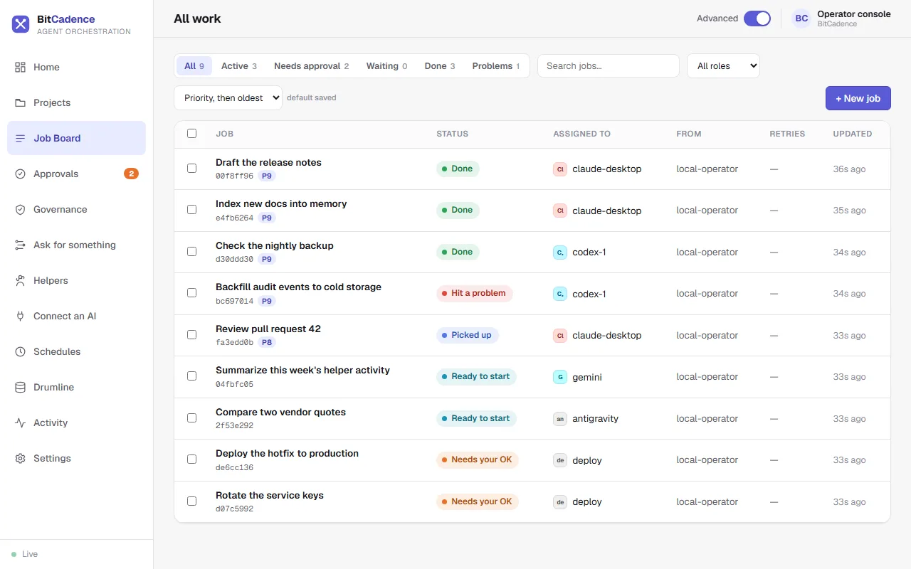 Job board in the BitCadence console